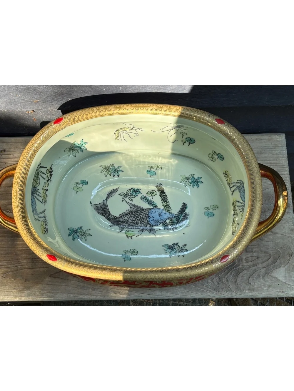 Vintage Red Gold Porcelain Foot Bath Planter, Gilt Scrollwork